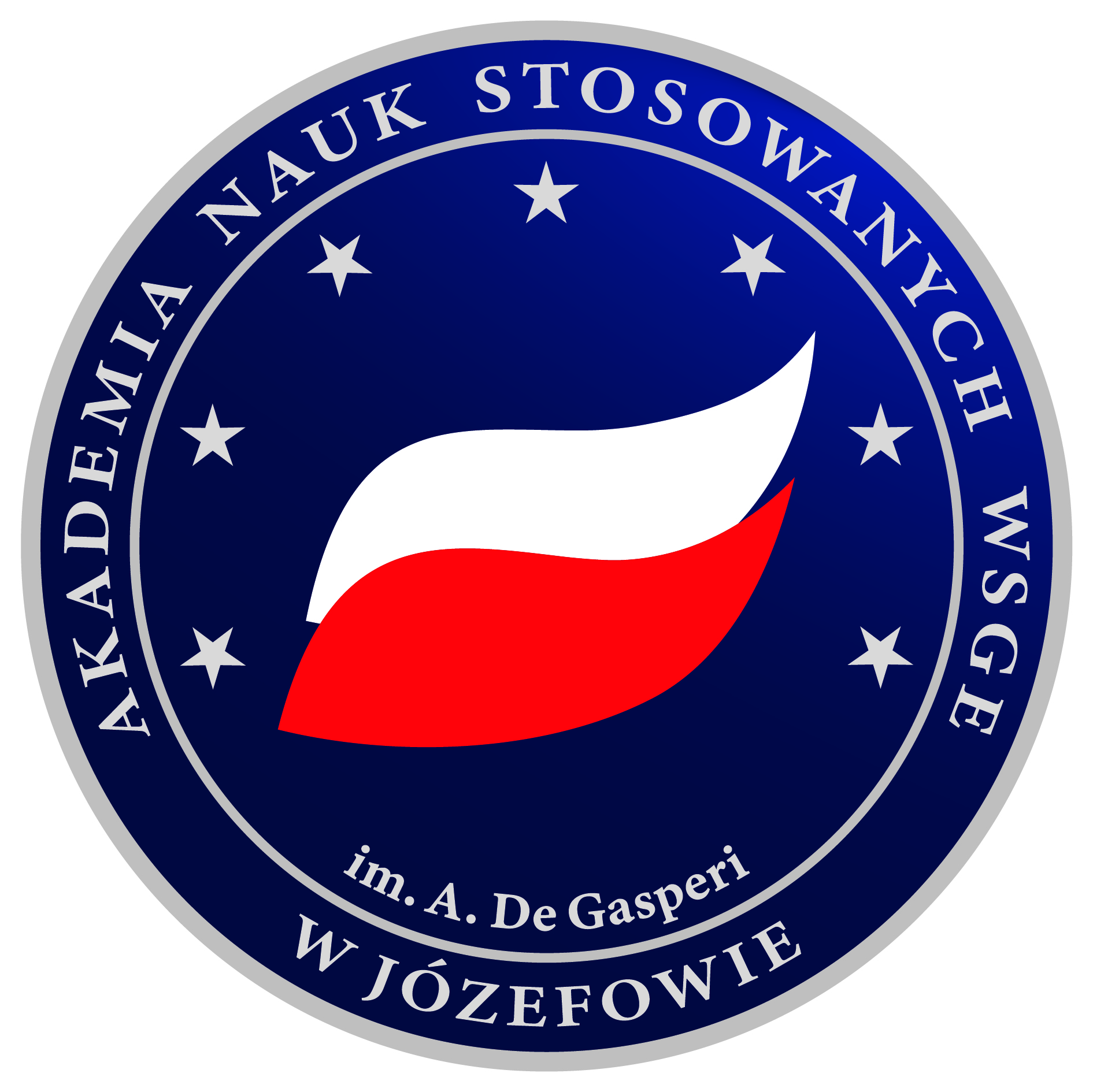 logo AWSGE, imitacja flagi biało- czerwona na granatowym tle z nazwą uczelni w koło